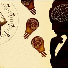 Illustration of a ladies silhouette with an outline of her brain on show. She is surrounded by clock faces and three lightbulbs to represent thinking.