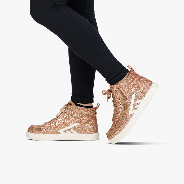 Billy Footwear (Kids) - High Top Rose Gold Glitz CS Canvas Shoes