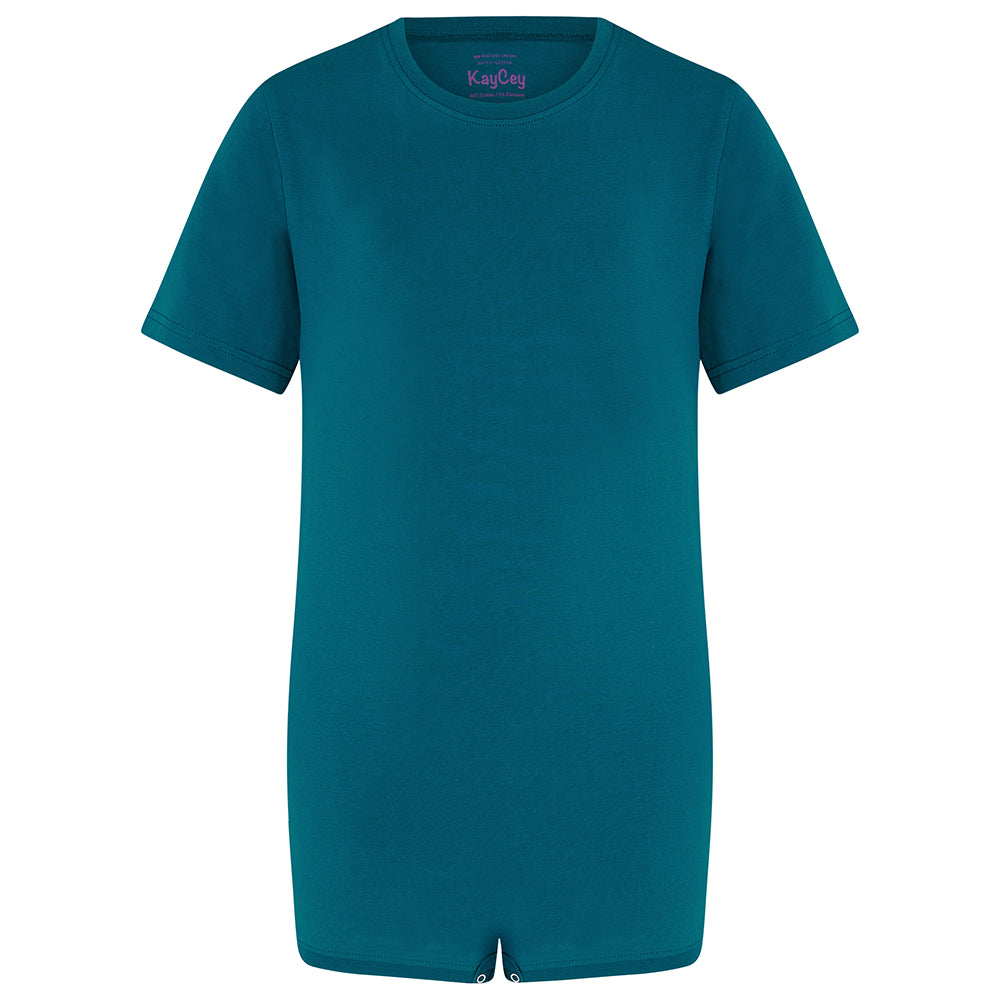 Teal short-sleeved short-legged poppervest. Showing front, against a white background