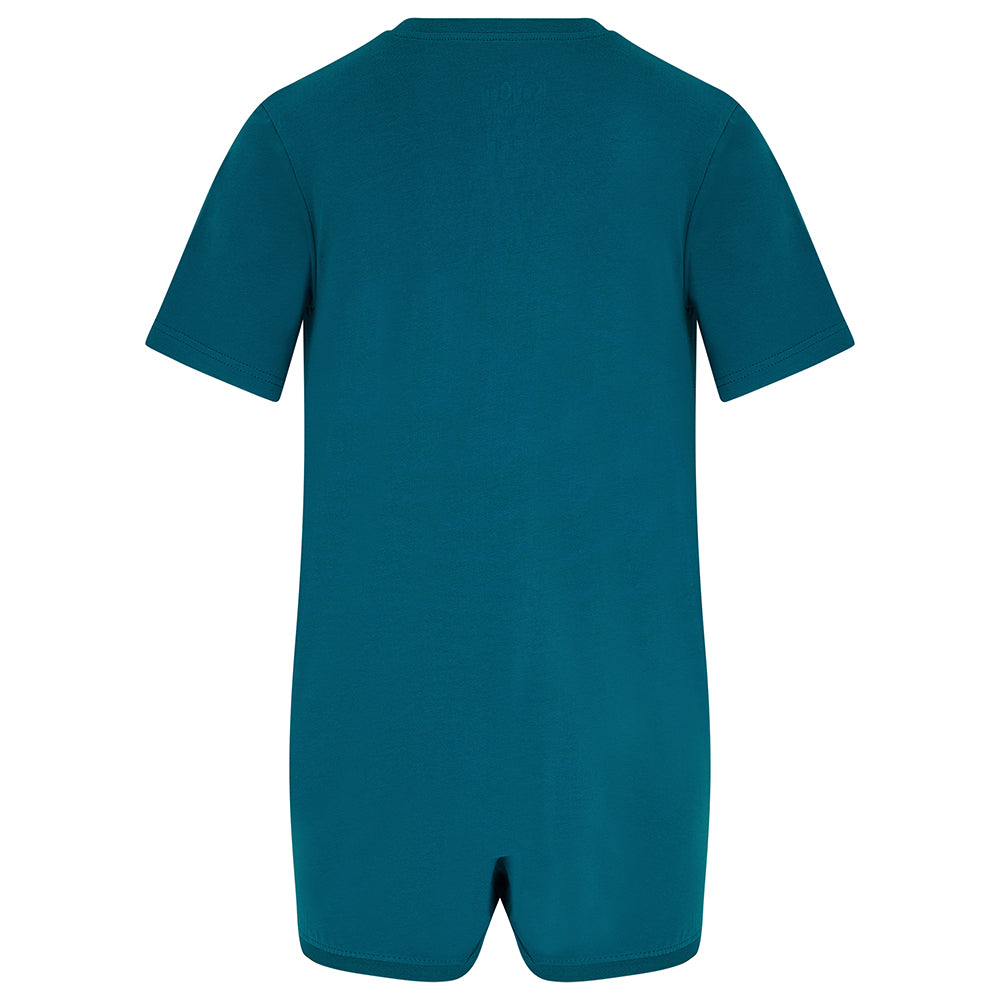 Teal short-sleeved short-legged poppervest. Showing back, against a white background