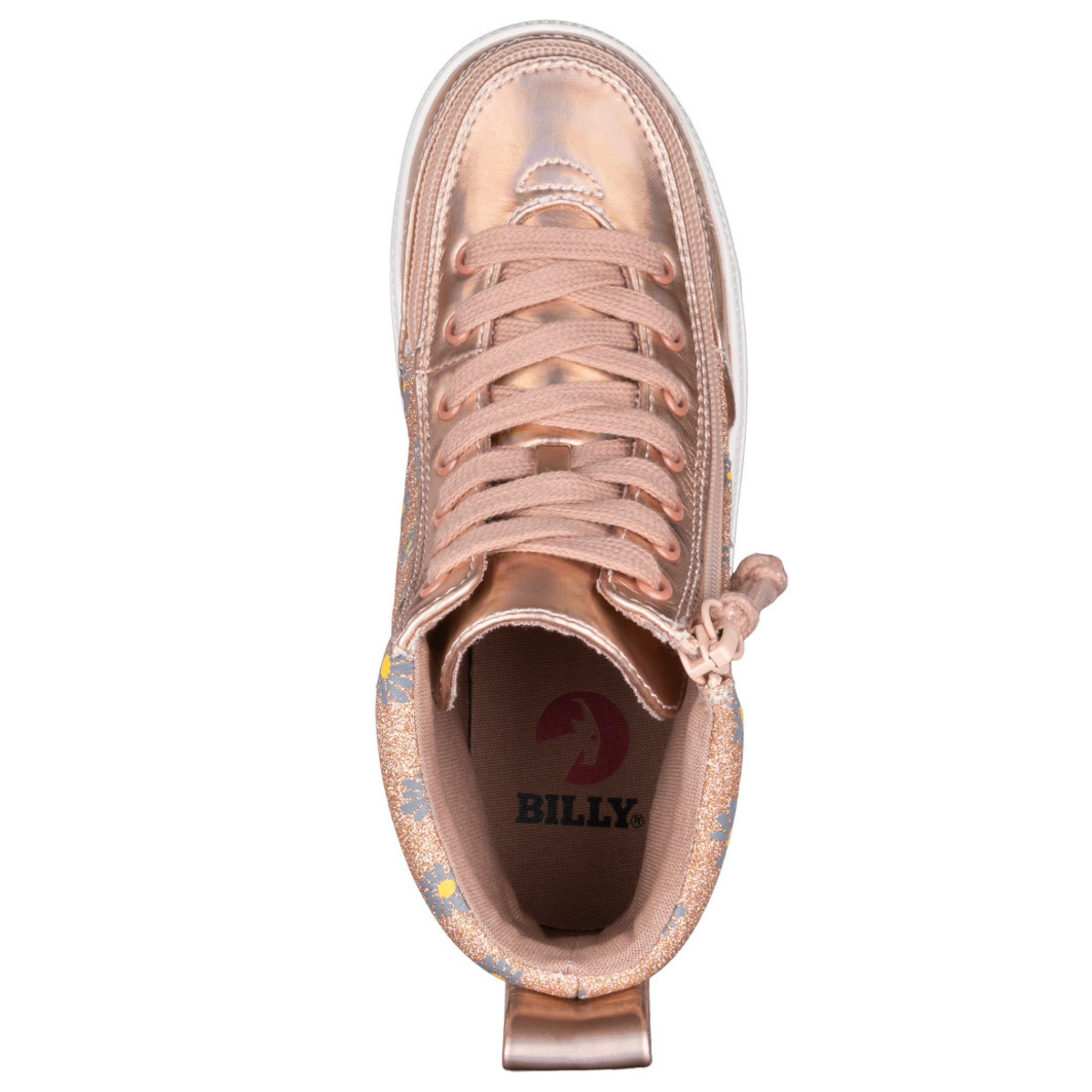 Billy Footwear (Kids) - High Top Rose Gold Daisy Faux Leather Shoes Clearance