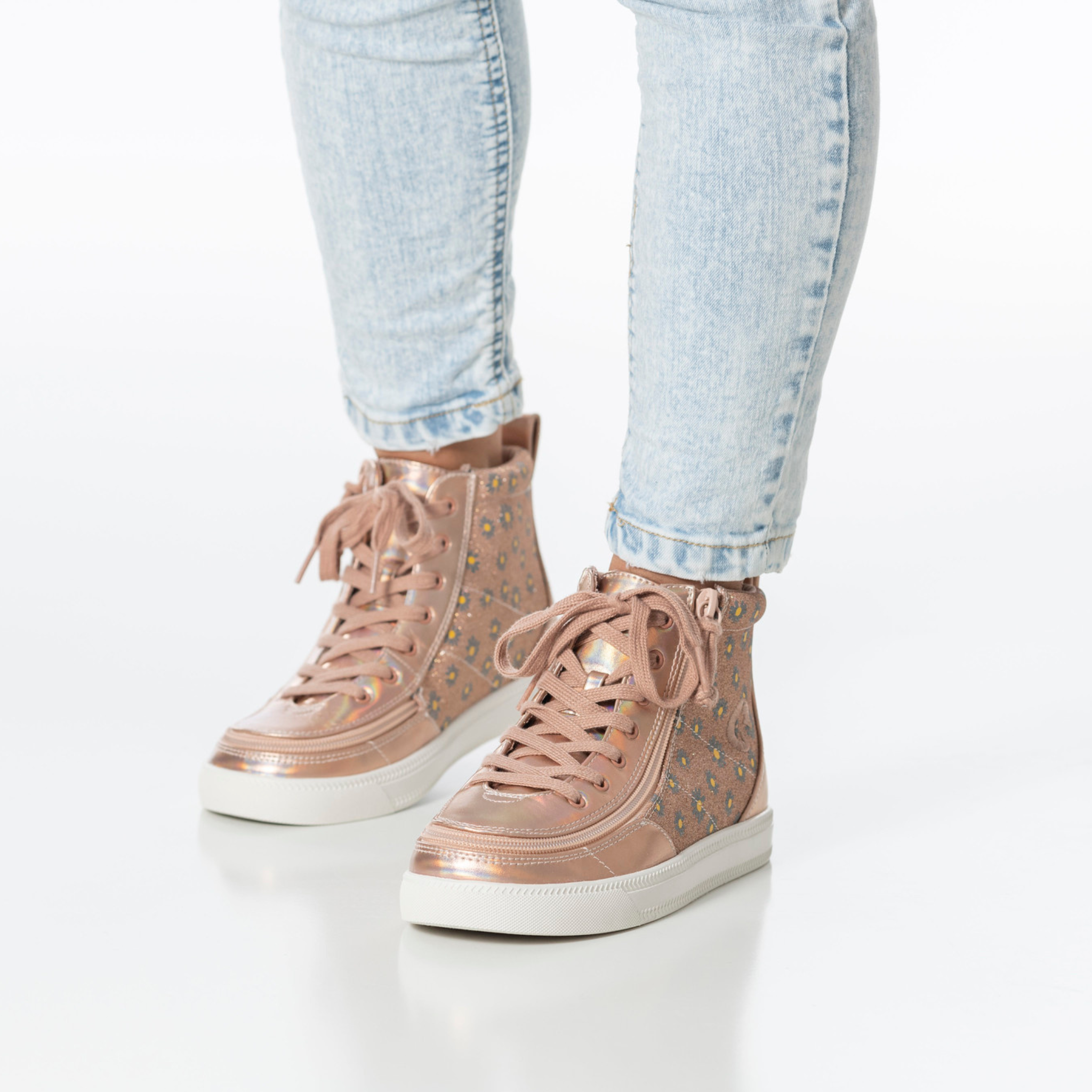 Billy Footwear (Kids) - High Top Rose Gold Daisy Faux Leather Shoes Clearance