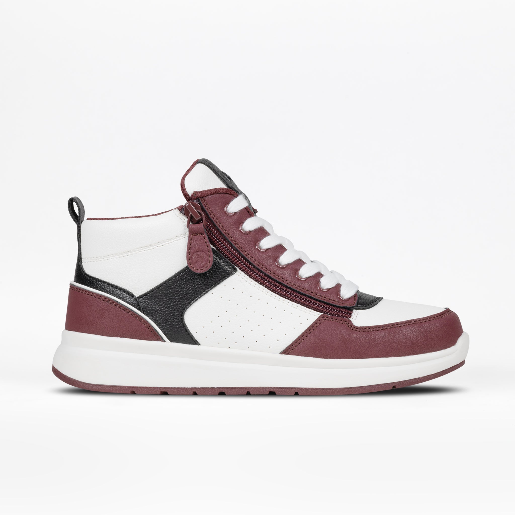 High-top sneaker with maroon, black, and white color scheme on a light gray background