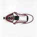 Maroon, black and white trainer with visible brand logo on the insole. Against a white background. Trainer photographed from above.