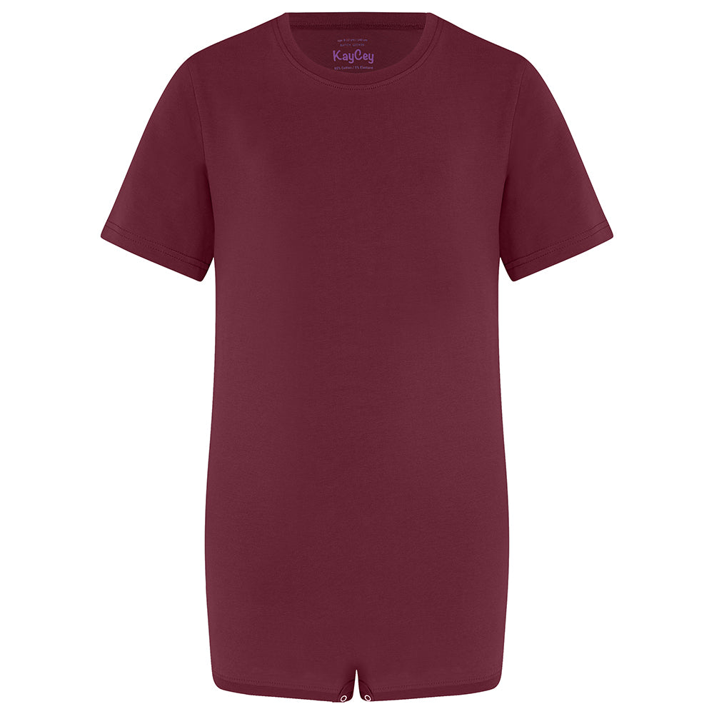 Cranberry/burgundy short-sleeved short-legged poppervest against a white background