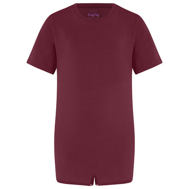 Cranberry/burgundy short-sleeved short-legged poppervest against a white background