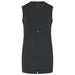 Charcoal, sleeveless poppervest with tube access. Tube access is accessible via the center of the chest via a popper and horizontal flap. Showcasing front of garment against a white background.